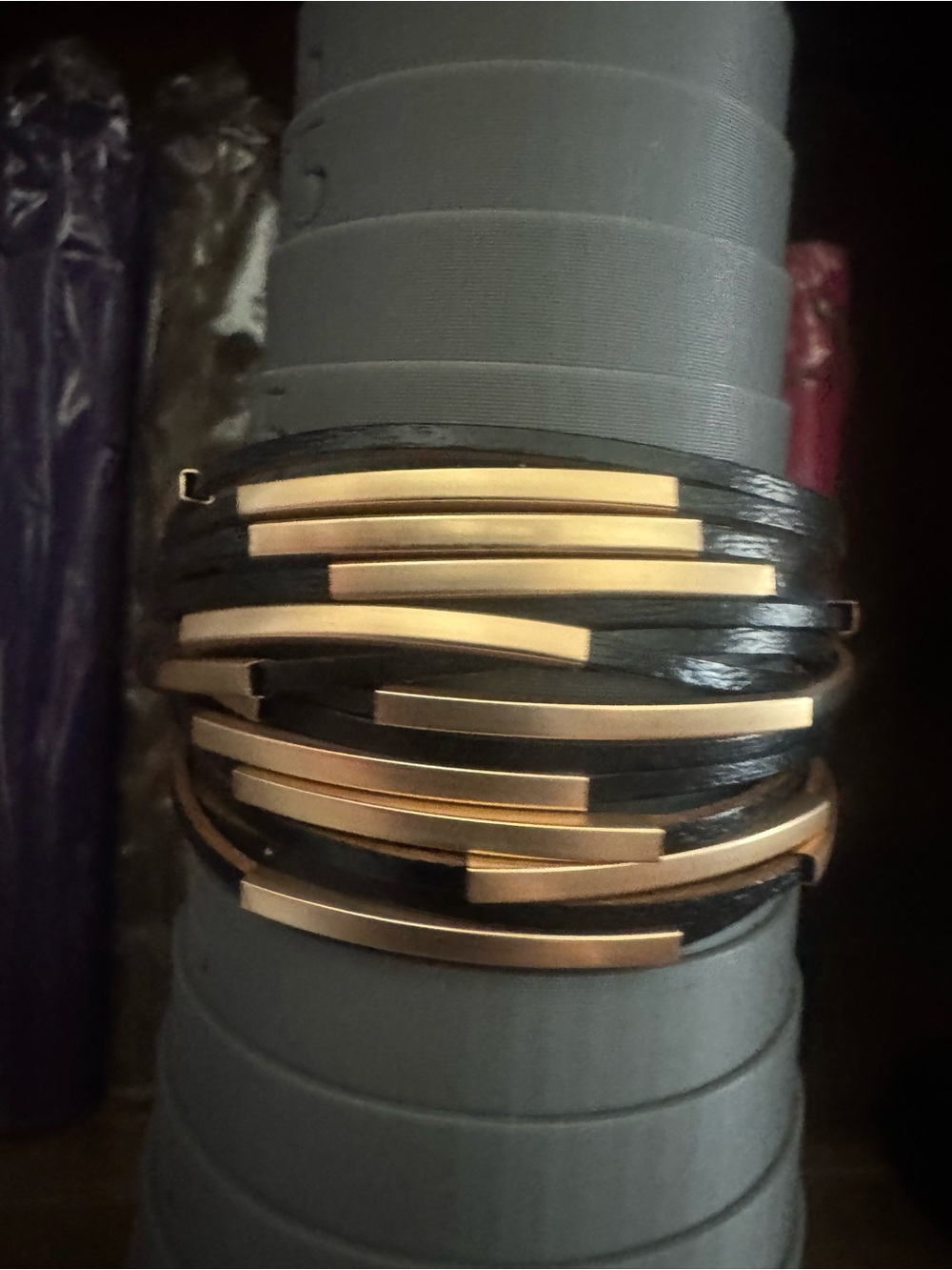 Gold Bar Multi-Strand Black Leather Bracelet - Unbranded